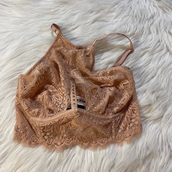 Victoria's Secret Other - Victorias Secret Bra 32D Floral Lace High-Neck‎ Sheer Plunge Keyhole Cutout Pink